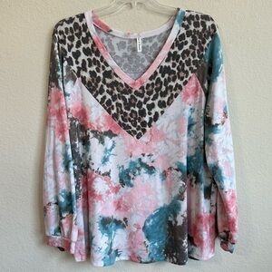 Now N Forever Top Tie Dye Animal Leopard Print Long Sleeve V-Neck Plus Size